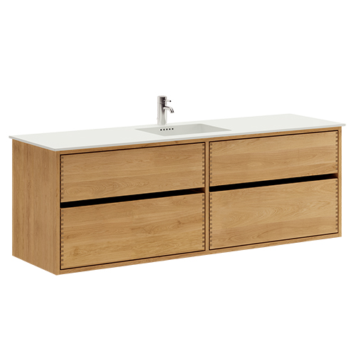 160 cm Leicht geölt Just Wood Original Badezimmermöbel mit 4 Schubladen und Solid Surface waschbecken - Doppelwaschbecken