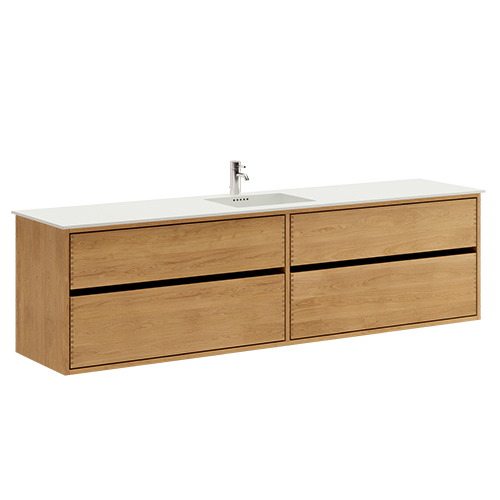 200 cm Leicht geölt Just Wood Original-Badezimmermöbel mit 4 Schubladen und Solid Surface waschbecken - Doppelwaschbecken