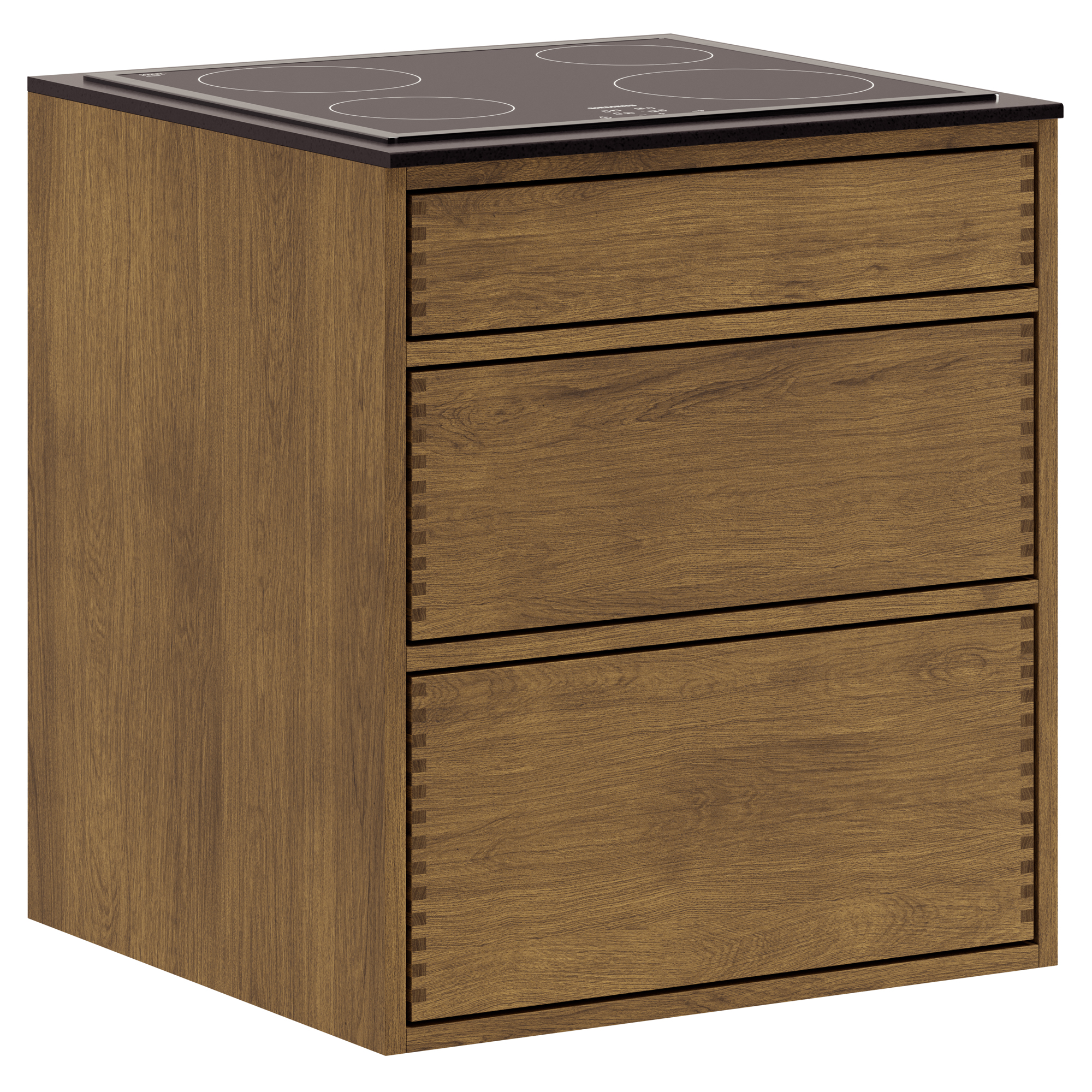 60 cm Dunkel geölt Just Wood Schubunterschrank 60 cm in der Tiefe, vorbereitet für Kochfeld